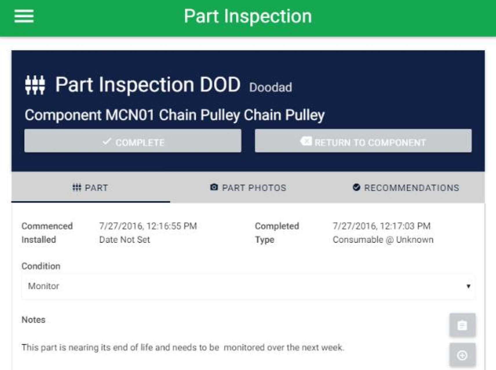 AIFT Part Inspection screen